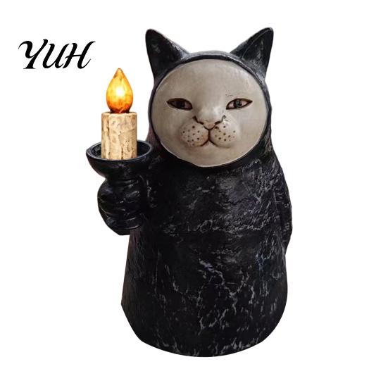Mysterious Cat Home Decor Hooded Black Resin Figurine, Gothic Statue with Candle Holder, Decorative Ornaments Ornament for Halloween Farmhouse