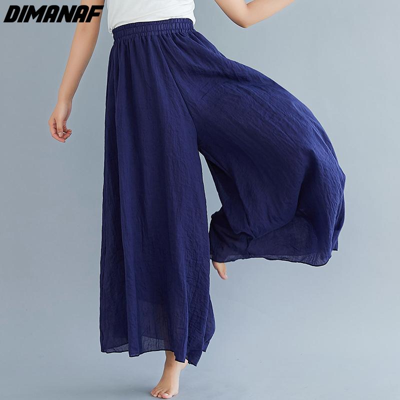 Dimanaf Plus Size 2021 Women Linen Pants Elastic Vintage Korea Basic Female Large Size Fashion Slacks Wide Leg Oversize Loose Pants