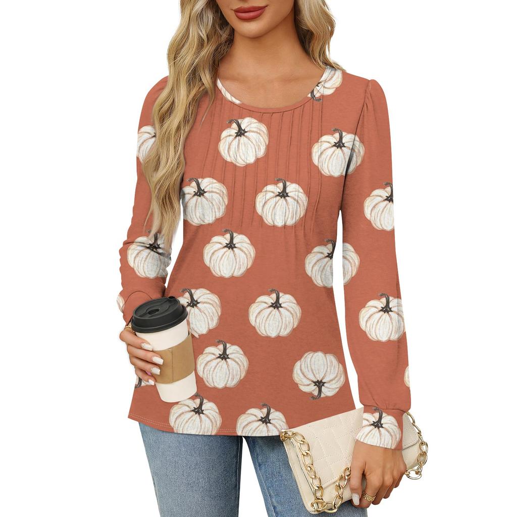 Рубашки с длинным рукавом для женщин, милые принты, графические футболки, блузки, нарядные повседневные блузки, плиссированные туники с круглым вырезом, топы на Хэллоуин
