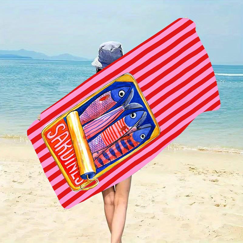 Sardines Can Watercolor Beach Towel Pink White Stripe Hand Painted Style Lightweight Travel Towel Women Summer Gift
