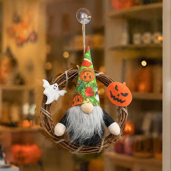 Festive Pumpkin Ornament Halloween Gnome Wreath, Faceless Rattan Rustic Hanging Decoration Wreath with Ghost for Front Door Wall Holiday Party Decor