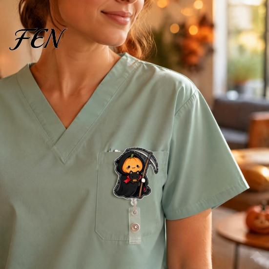 Office ID Card Holder Halloween Retractable Badge Reel, Cute Pumpkin And Grim Reaper Design, Acrylic Work Smooth Pull Cord Clip for Nurse Doctor