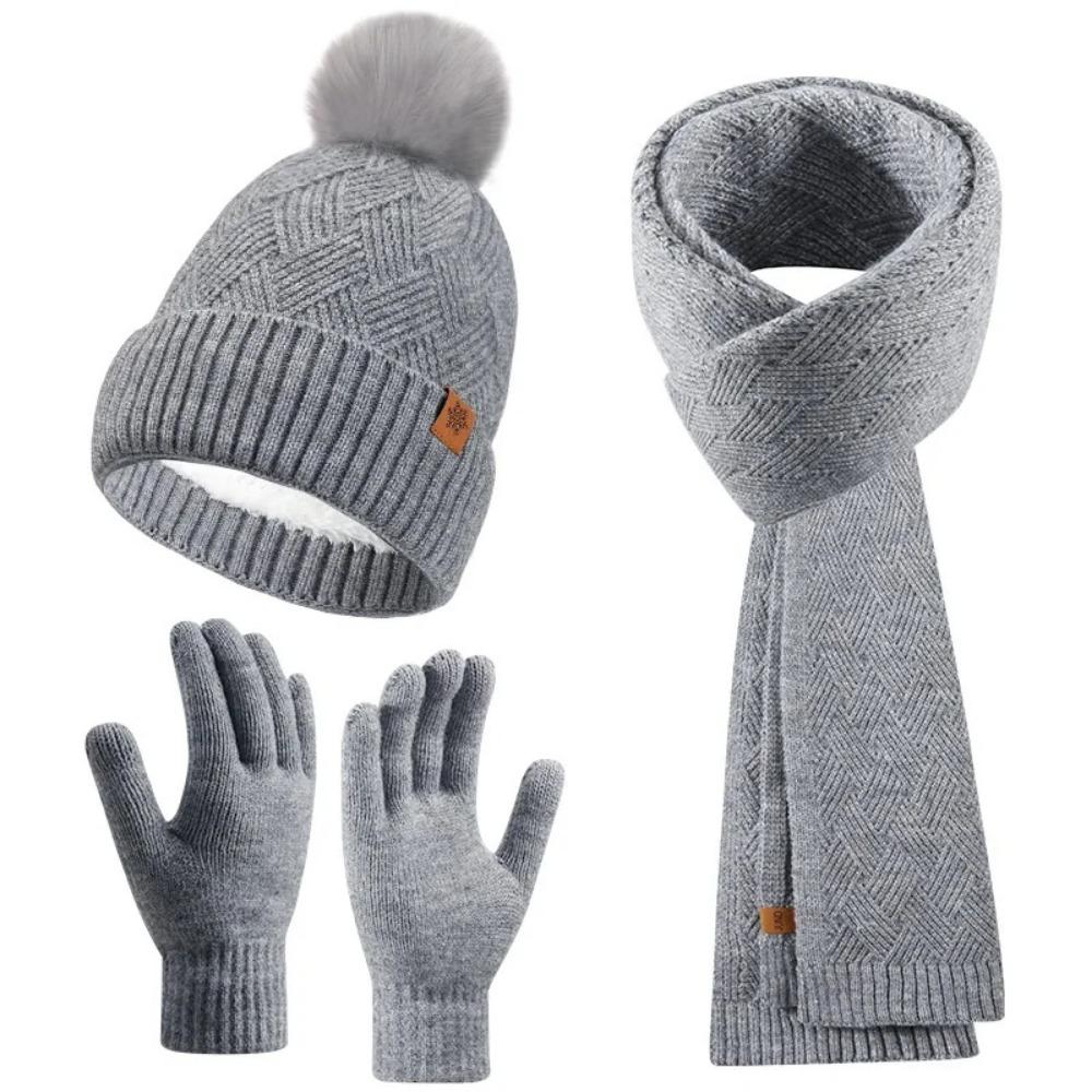 3pcs Wool Hat Scarf Gloves Set Solid Color Winter Beanie Hat Neck Warmer Thermal Knit Cap Winter