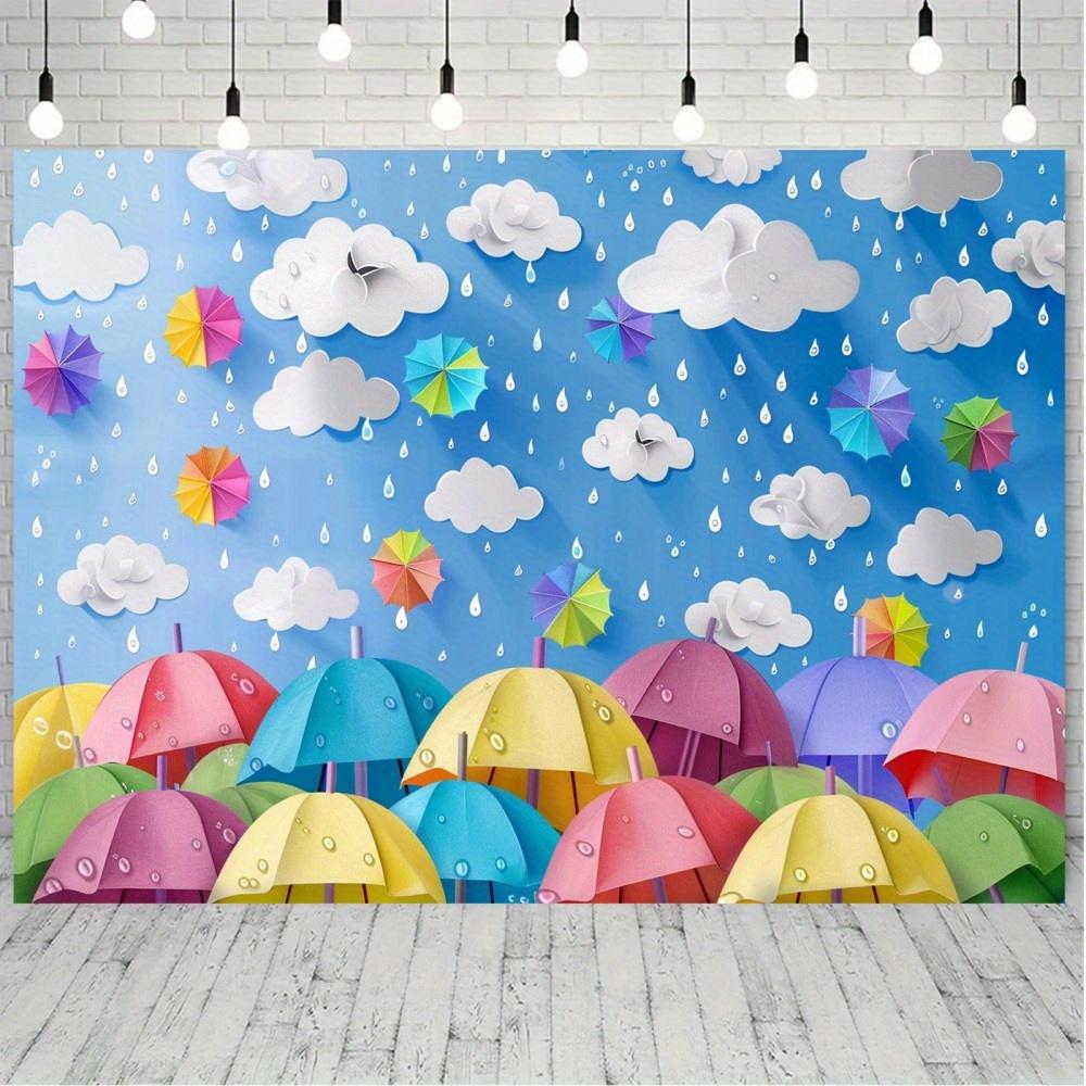 1 umbrella theme cartoon background, showing rain, clouds and raindrops, for shower background cloth party banner