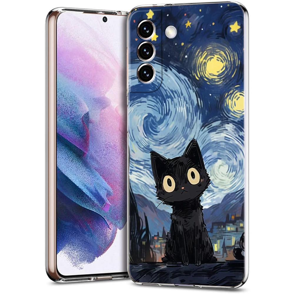 Художественный черный кот Звездная ночь Чехол для телефона для Samsung Galaxy S24 Ultra S23 FE S22 S20 S21 5G S10 S9 Plus S10E S8 Прозрачный чехол