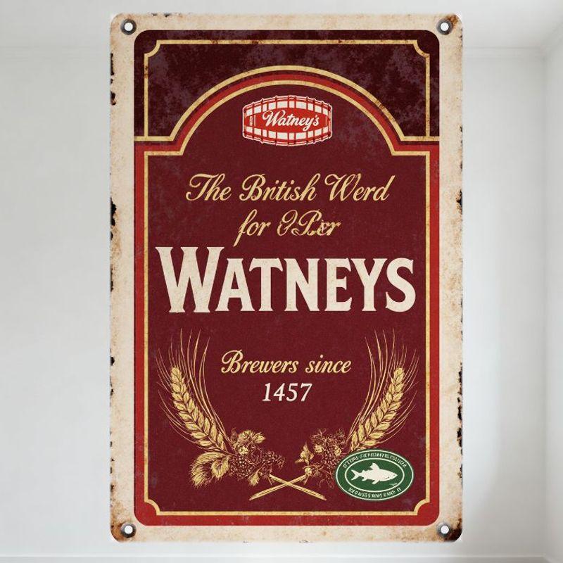 Винтажная металлическая вывеска пива Watneys Британское слово для пива Пивовары с 1457 года Дизайн с пшеницей и хмелем Рустикальный настенный декор для бара паба дома