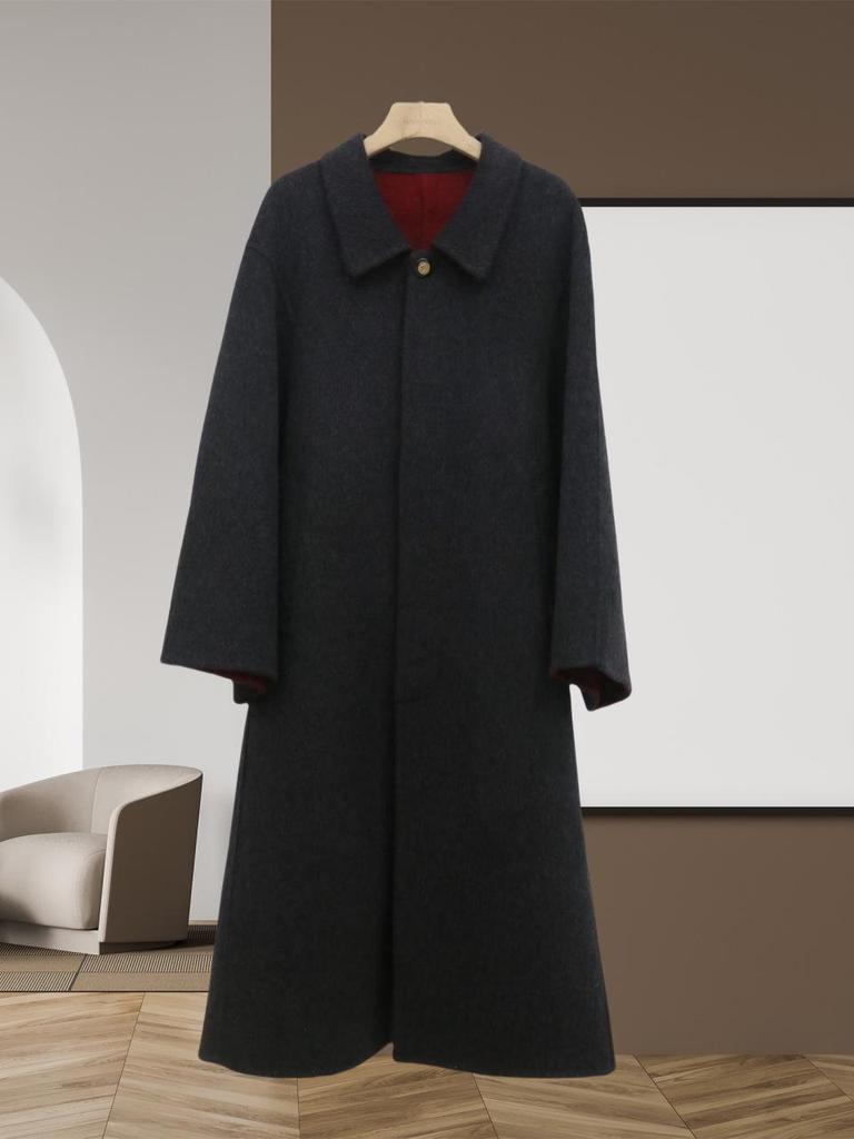 Двухцветное шерстяное пальто-кокон - Минималистичное, Высококачественное, Утепленное, Свободного кроя, Двустороннее