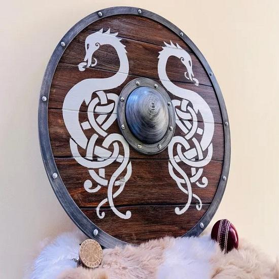 Norse Mythology Valhalla Viking Shield  Dragon Wooden Shield  Medieval Warrior Battle Worn Shield