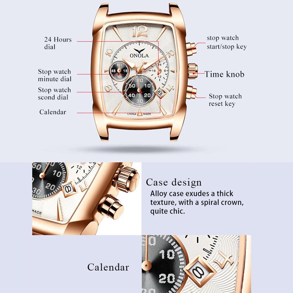 Роскошные деловые часы из нержавеющей стали с кожаным ремешком, водонепроницаемые часы, повседневные кварцевые мужские наручные часы с календарем, хронограф, прямоугольный циферблат