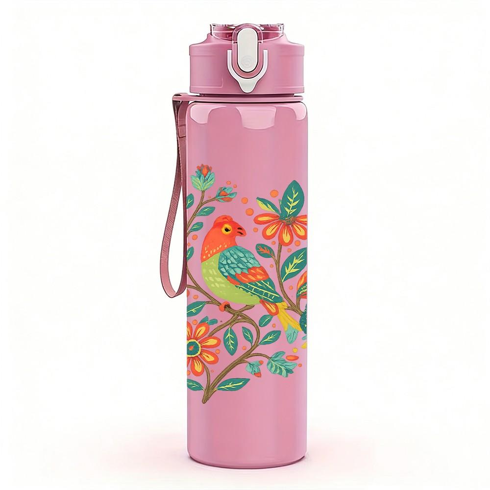 1PC Folk Floral Bird Art 750ml Color Plastic Sports Water Bottle Leakproof Flip Straw Lid Suitable for Sports Office Home Use