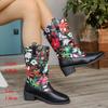 2025 European and American Winter New Round Head Flower Medium Boots Women's Foreign Trade Large Size Splicing Thick Heel Sleeve Martin Boots