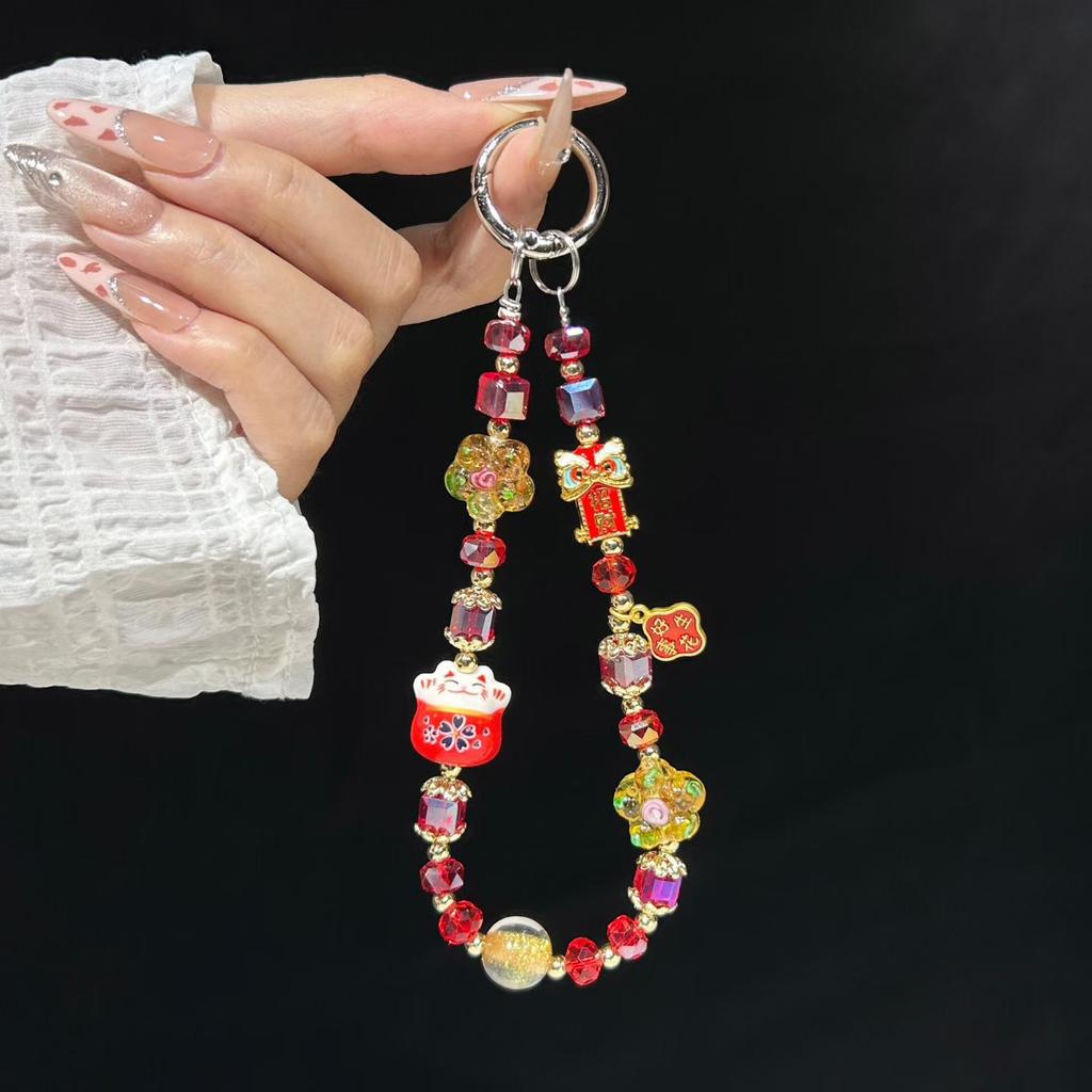 New Chinese-style Ceramic Lucky Cat Lanyard with Crystal Beads Hanging Key Chain Short Wrist Strap for Mobile Phones Bracelet