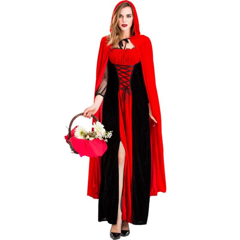 Halloween Vampire Costume Women Red Black Cosplay Outfit With Cloak