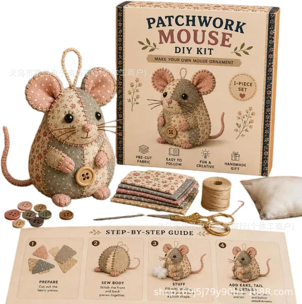 DIY Sewing Kit Stuffed Animal Craft Patchwork Mouse Plush Toy Making Set Handmade Educational Gift for Kids Adults