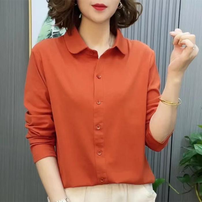 Женская модная однотонная рубашка-поло с воротником-поло и длинными рукавами для мам среднего возраста на весну и осень, уменьшающая возраст и уменьшающая лишние килограммы