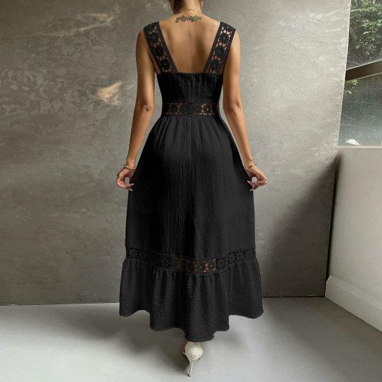 Однотонное платье на бретельках без рукавов с открытой спиной и высокой талией, свободное кружевное платье трапециевидной формы в стиле пэчворк