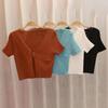 Women Hollow Out Front Split Hem V-Neck T-Shirts Knitted Short Sleeve Crop Tops Cardigan Tees Summer Casual Lady Plain Clothes