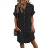 Women Button Down Shirt Dress Short Sleeve V Neck Long Blouse Loose Knee Length Midi Dress with Pocket