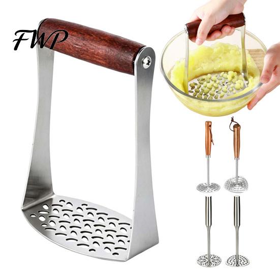 Easy Clean Food Crusher Stainless Steel Potato Masher, Wooden Handle Press for Baby Non Slip Grip Masher Puree, Manual Crusher, Kitchen Gadget Mashed