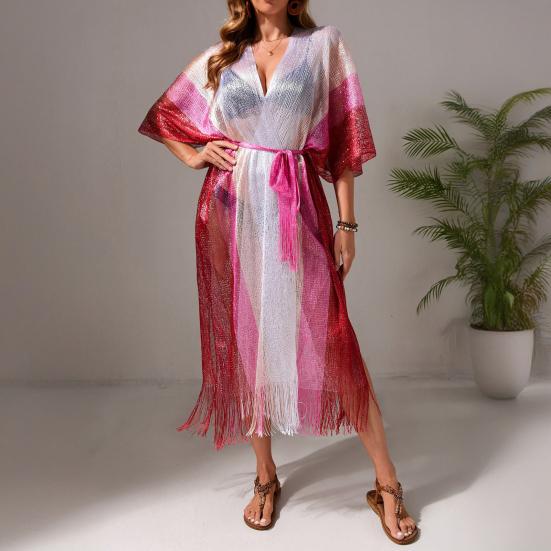 Женская пляжная одежда, прикрытие, свободный кардиган с бахромой и солнцезащитным кремом, контрастный цвет сетки, сексуальное бикини, прикрытие для пляжного отдыха у бассейна, загара