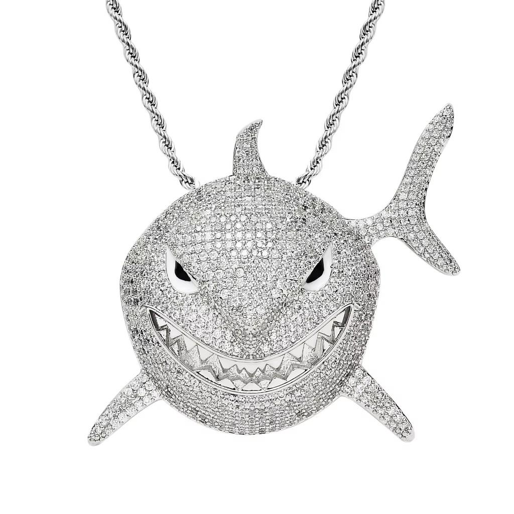 BES Fashion Silver Plated Shark Shape Pendant Necklace Hip Hop Style Iced Out Zircon for Anniversary with Rope Chain