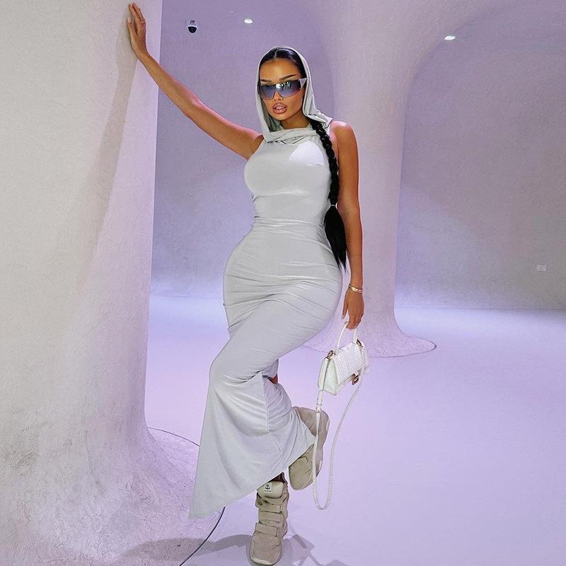 2025 Лето Женское Однотонное Платье Без Рукавов С Капюшоном И Разрезом На Бедрах Платье Для Детей