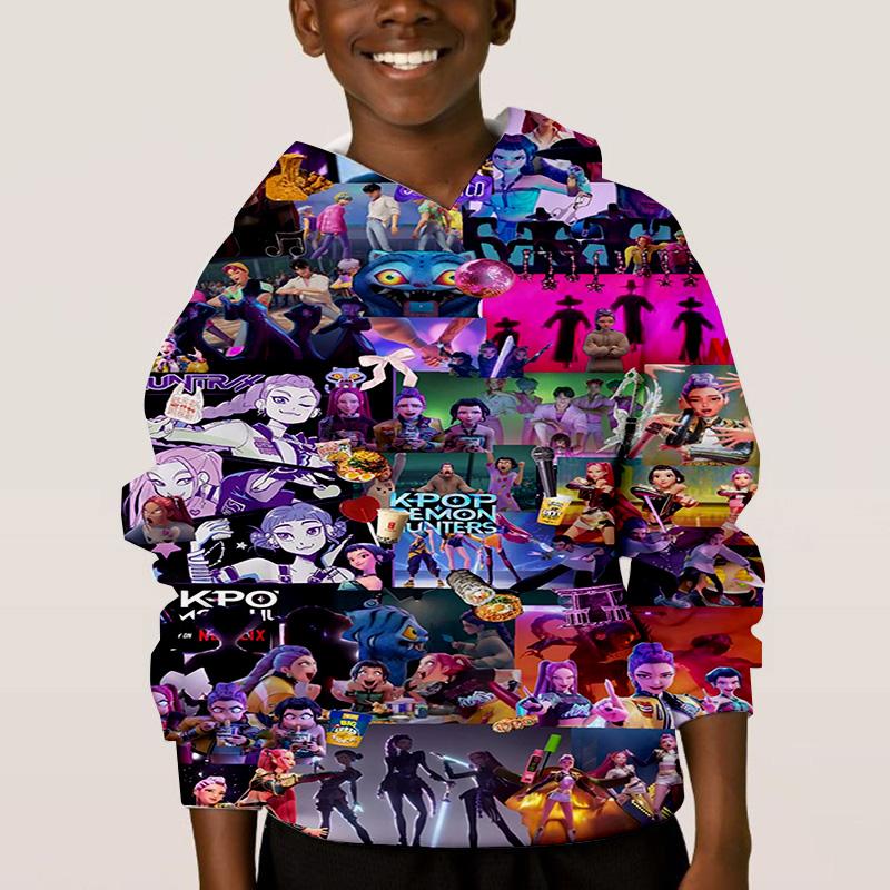 K-pop Охотники на демонов Детская хип-хоп одежда с забавным узором Модная повседневная свободная детская одежда Детские толстовки с капюшоном для мальчиков