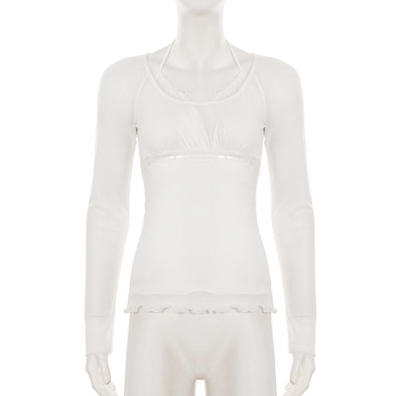 Стильный женский белый комплект из двух предметов с сетчатыми вставками, пэчворком и отделкой воланами, с прозрачным топом с длинным рукавом