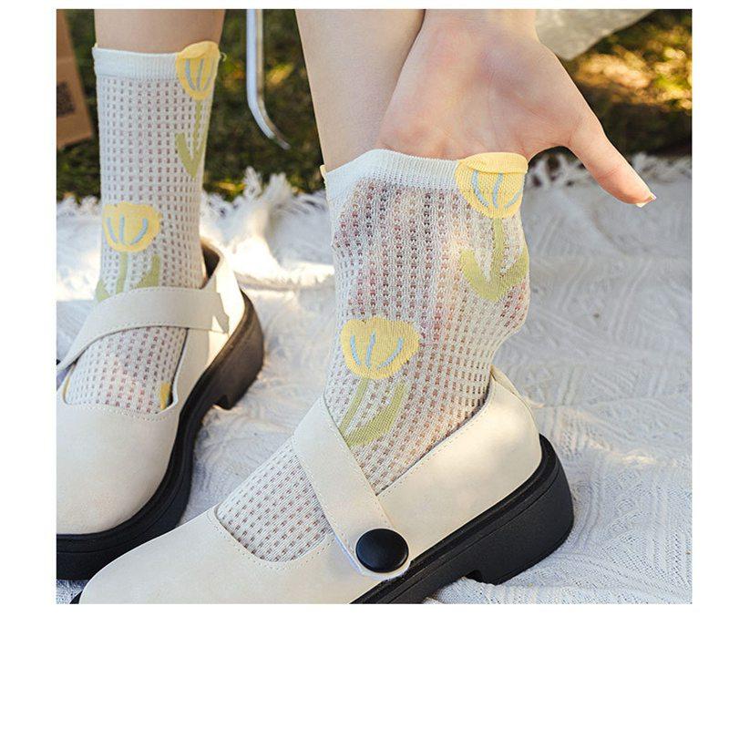 Носки для экипажа, женские повседневные милые носки в стиле ретро, ​​женские носки, модные летние длинные носки в стиле Харадзюку, дышащие сетчатые носки с цветочным принтом