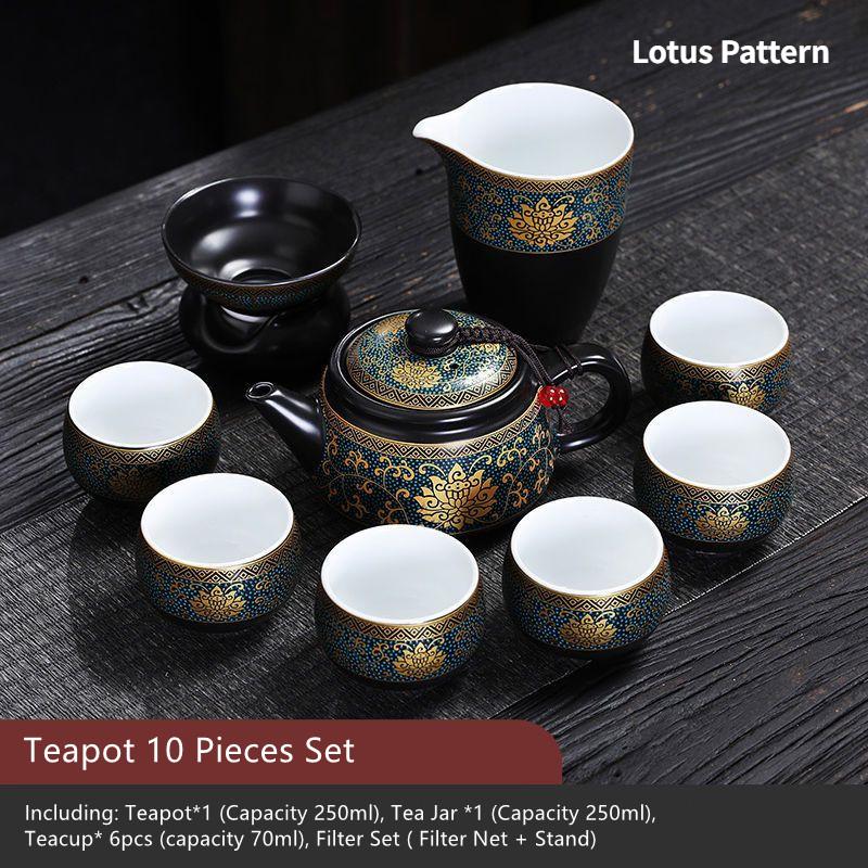 Chinese Style Kung Fu Ceramic Teapot, Teacups, Jug and Filter Set, Hand-Grap Pot, Drinkware Gaiwan, High Quality, Elegant Black