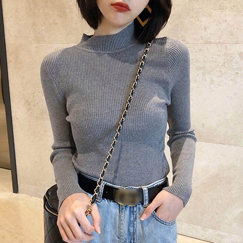 Осенний повседневный вязаный свитер, женский пуловер с полуводолазкой и длинными рукавами, свитера, женский джемпер с однотонным низом, топы 27972