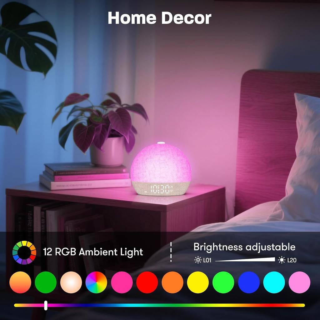Wake Up Light Dimmable Night Light White Noise Sound Machine with 30 Soothing Sounds Sunrise Alarm Clock for Heavy Sleepers Gift
