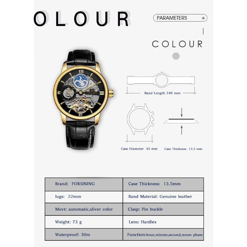 Forsining Мужские модные повседневные автоматические механические часы с фазой полой луны SLZe229-A