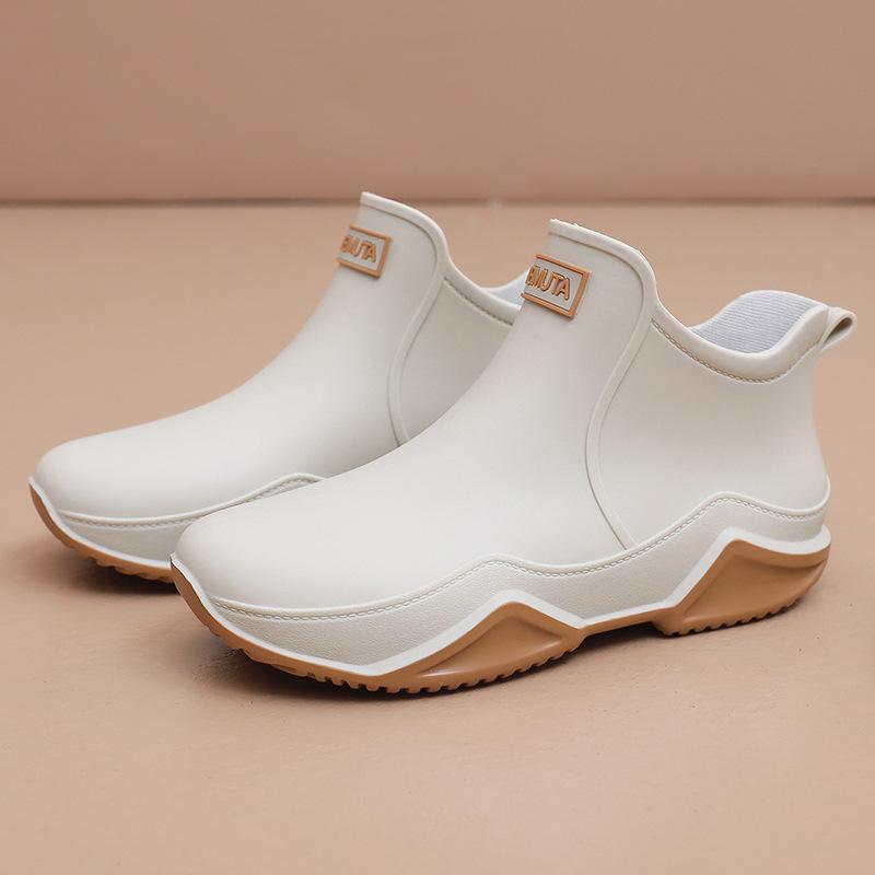 Rain shoes female adult fashion outer wear short tube couple rain boots warm flat waterproof kitchen work car wash rubber shoes male