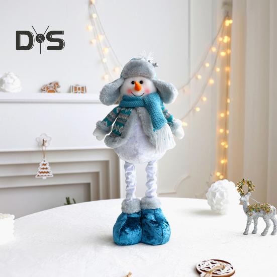 Christmas Doll Ornament Plush Standing Santa Claus Reindeer Snowman Figure with Telescope Leg Blue Gnome Doll Toy for Tree Fireplace Window Table