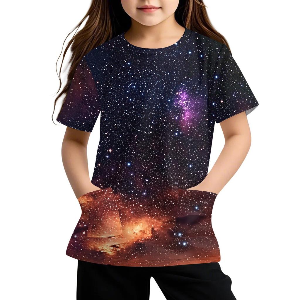 Детская футболка с короткими рукавами и карманами, повседневная футболка с принтом, круглый вырез, блузка-пуловер