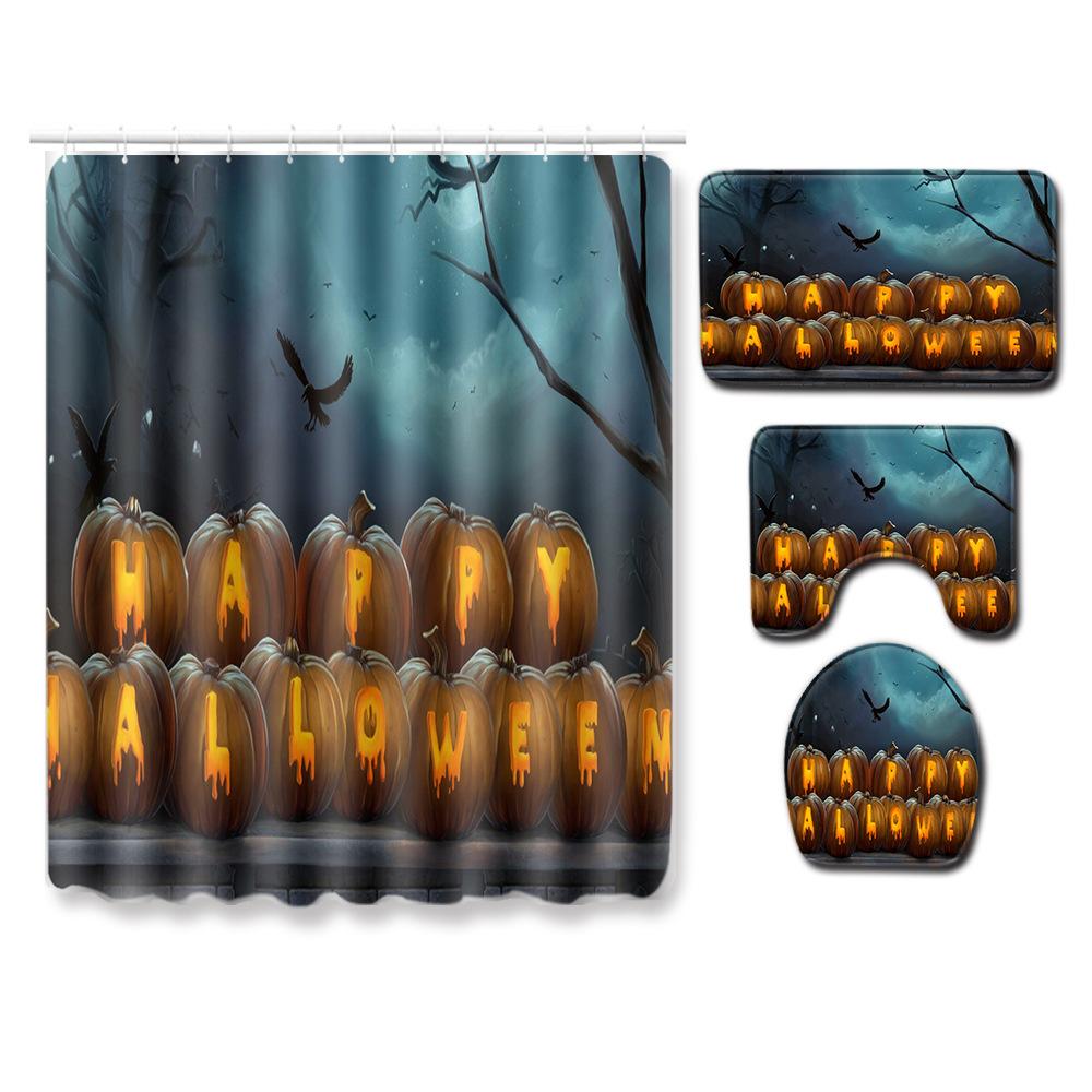 Halloween Series Bathroom Shower Curtain Floor Mat Toilet Cover Foot Mat Four-Piece Pattern Size