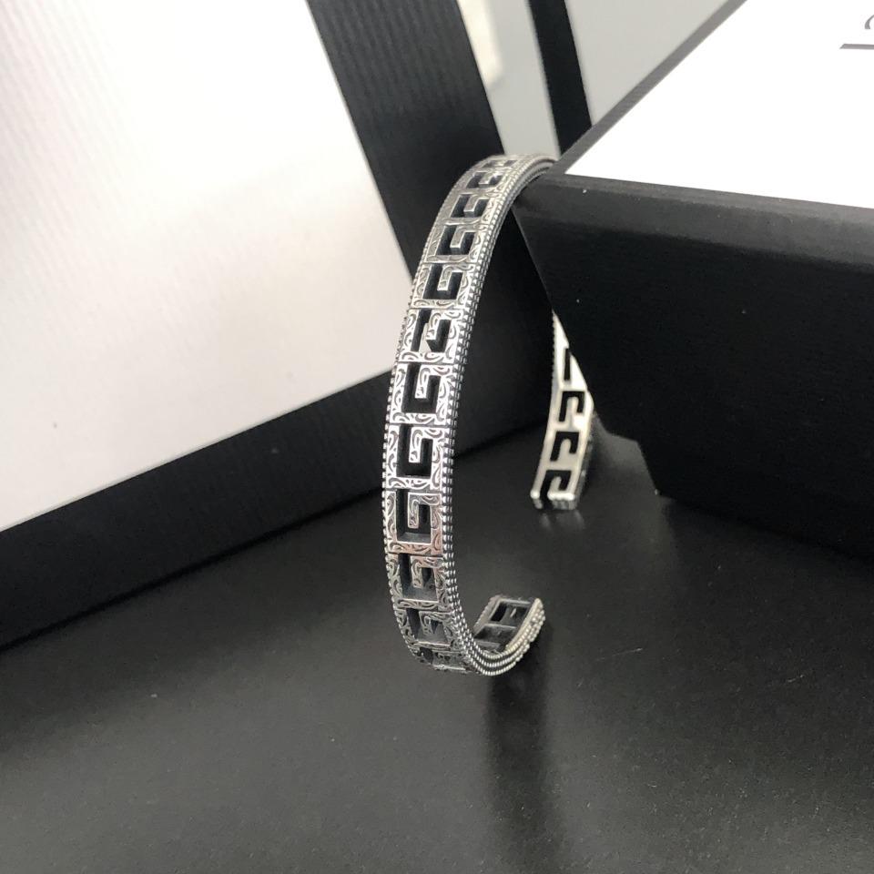 Sterling Silver S925 Carved Openwork "G" Letter Minimalist Unisex Wide Bracelet