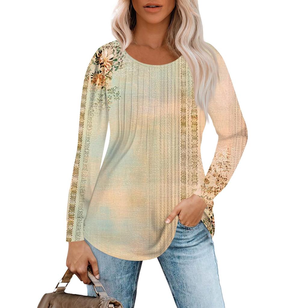 Женская модная повседневная плиссированная футболка с круглым вырезом и принтом, с длинным рукавом