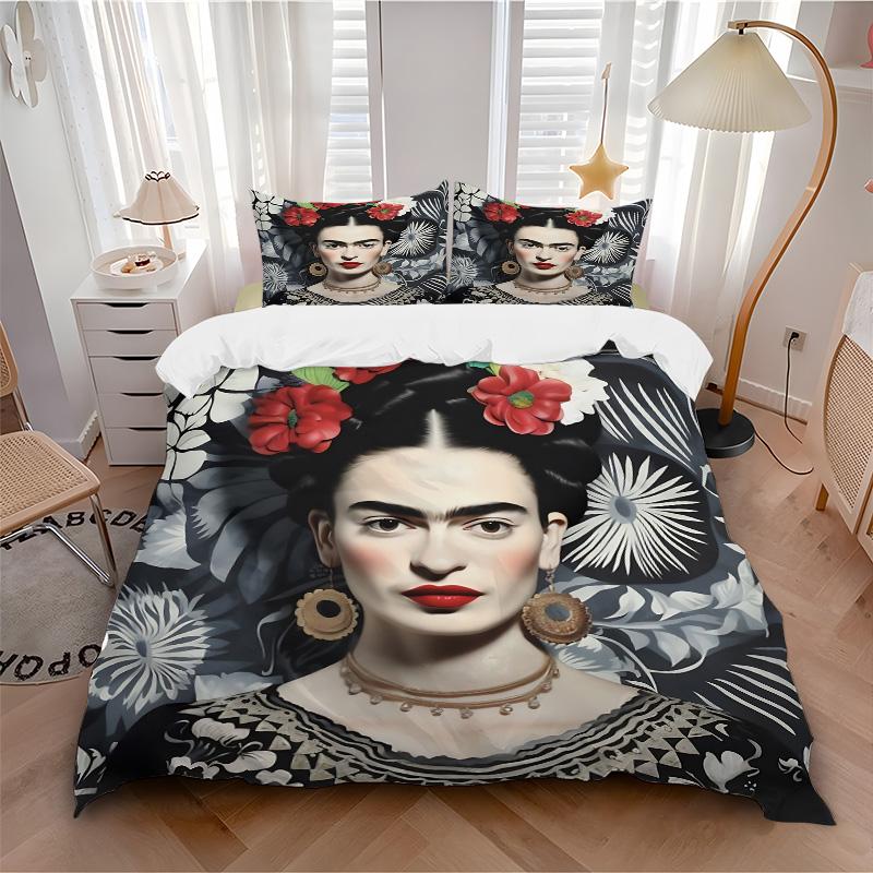 Frida Kahlo Floral Art Portrait Print 3Pcs Bedding Set,Duvet Cover with 2 Bedro,Pillowcase Home Birthday Gift