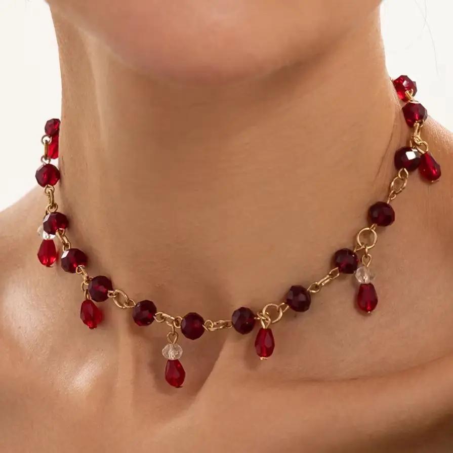 New Fashion Halloween Goth Irregular Red Black Crystal Tassel Pendant Necklace Unique Creative Adjustable Neck Accessory Jewelry