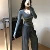 Hong Kong Style Retro Gray Long-sleeved Women's Spring and Autumn New Slim Lace Top
