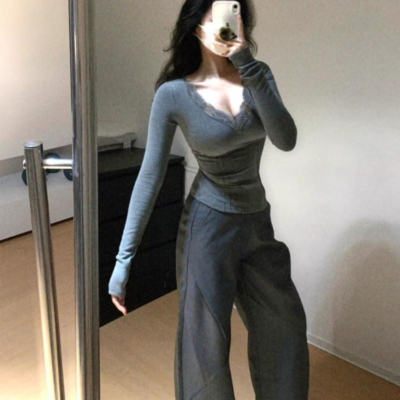 Hong Kong Style Retro Gray Long-sleeved Women's Spring and Autumn New Slim Lace Top