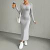 Spring Autumn Solid Long Sleeve O-neck Gray Maxi Dress Women Fashion Elegant Skinny Straight Side Slit Knitted Dresses Clothing