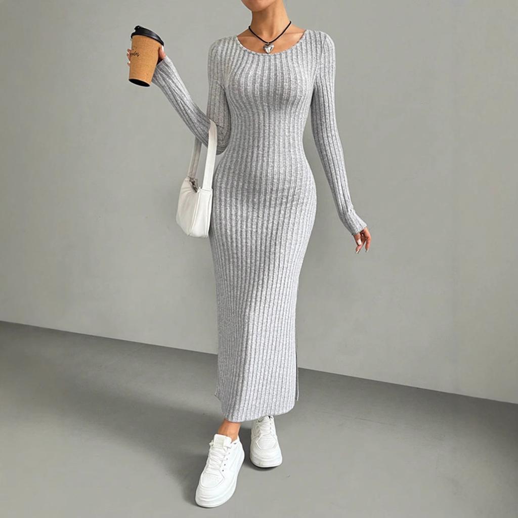 Spring Autumn Solid Long Sleeve O-neck Gray Maxi Dress Women Fashion Elegant Skinny Straight Side Slit Knitted Dresses Clothing