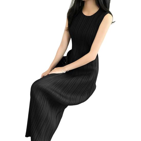 Женское платье-жилет с плиссировкой, свободный круглый вырез, однотонный, прямой, для поездок на работу