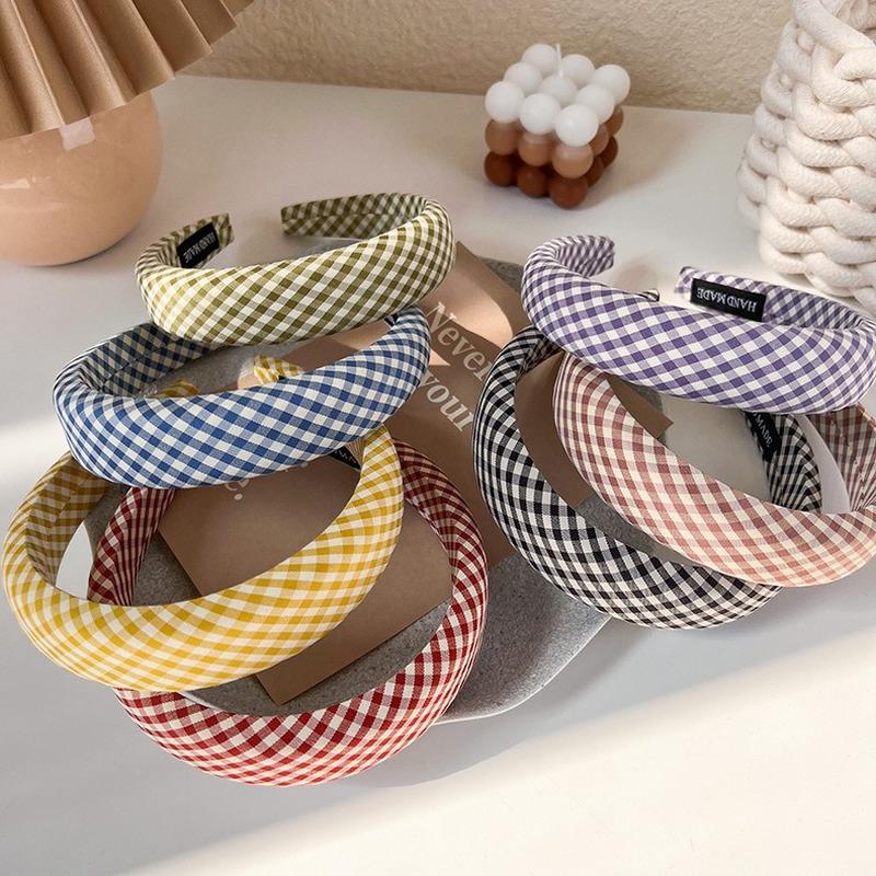 Spring and summer Sen series plaid headband girl cute headband Korean net red simple wide-brimmed sponge high skull top hairpin