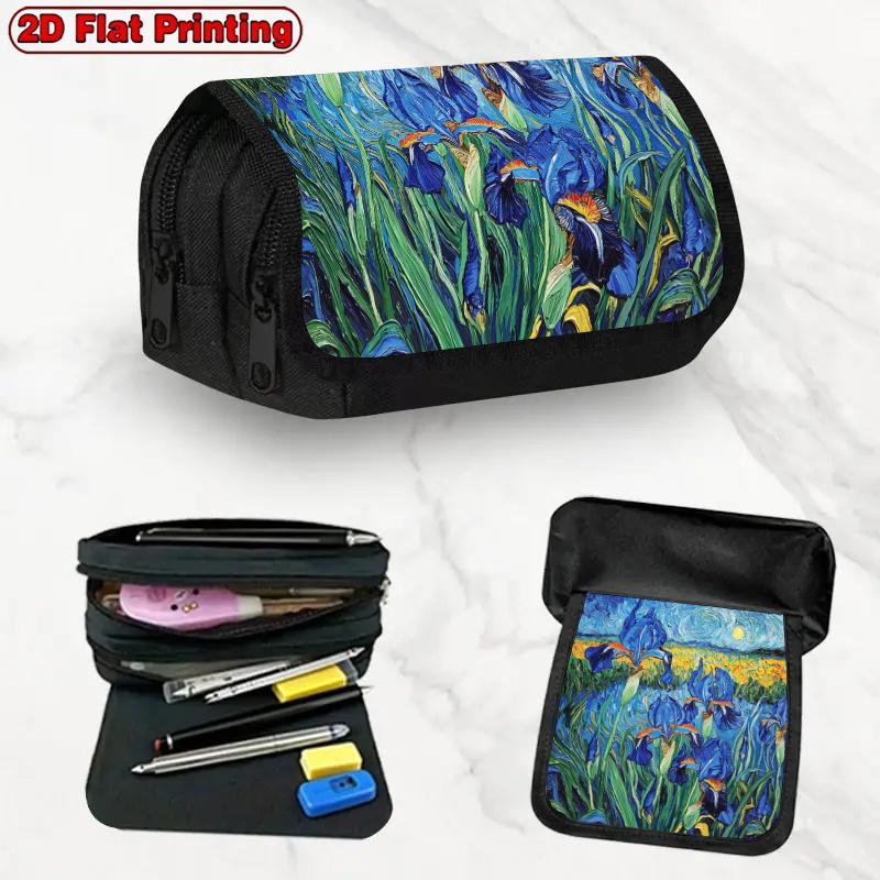 1pc Impressionist Iris Blue Design Double Layer Flip Pencil Case-Multi Layer Flip Cover Design, Storage Bag, Zipper Closure, Suitable for Schools, Off