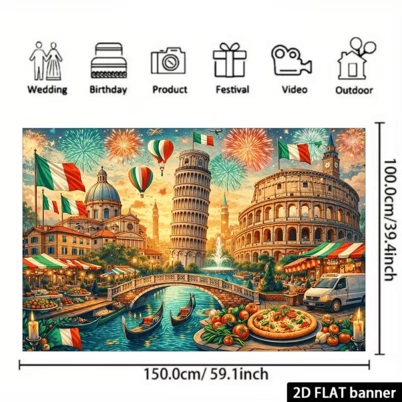 2D Colorful Italian Culture Backdrop with Landmarks, Pizza & Gondolas