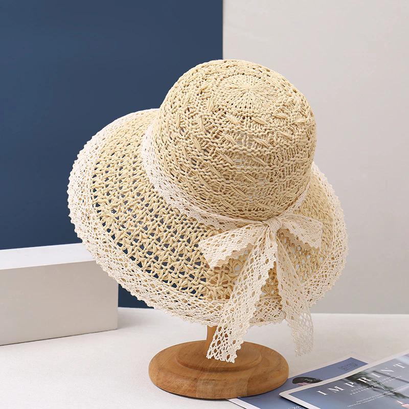 WTEMPO Lace Patchwork Casual Versatile Breathable Sun Hats Women's Solid Color Summer Wide Brim Outdoor Travel Beach Hats